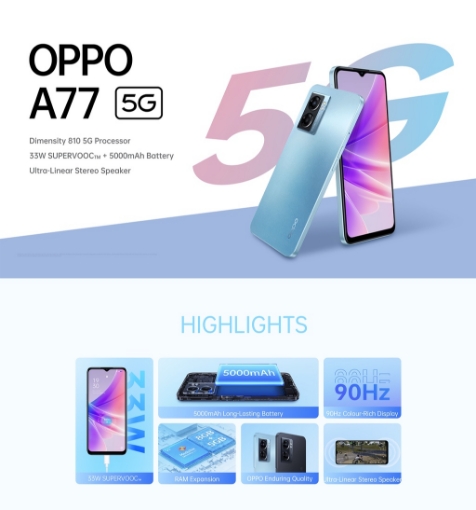 Picture of OPPO A77 5G Smartphone | 6GB RAM + 128GB ROM | 33W SuperVOOC Flash Charge | 5000mAh Battery