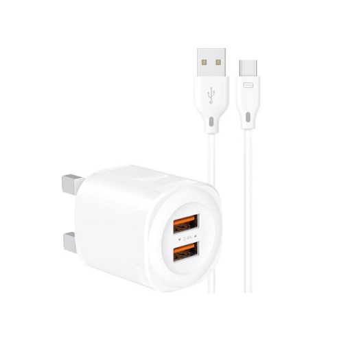 Picture of Lanex 2.4A Dual USB Port Wall Charger with Type-C Cable (UK Plug)
